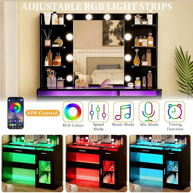 HUAHUU Vanity Desk with Mirror and Lights, Makeup Vanity Desk with Lights 3 Colors, Transparent Top Vanity with 2 RGB Drawers, 6 Shelves, Large Tempered Cabinet, Power Outlet, for Bedroom, Black