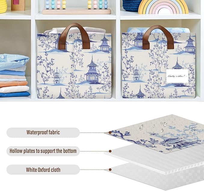 Chinoiserie Padogas Willow Tree Blue Storage Basket Foldable Cube Storage Bins with Handles&Label Waterproof Collapsible Organizer Box Bin Large Rectangle Decorative Baskets for Shelves Home Room,2 PC
