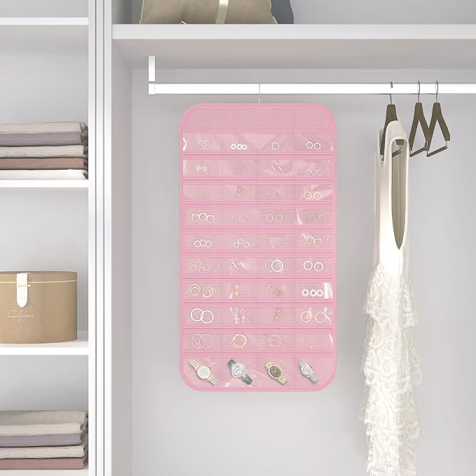 Double-Sided Hanging Jewelry Organizer for Necklaces Earrings, 1-Pack, Pink | Foldable 36 hooks & 40 clear pockets; swivel hook fits walls, doors & rods for earrings, bracelets, rings & small jewelry