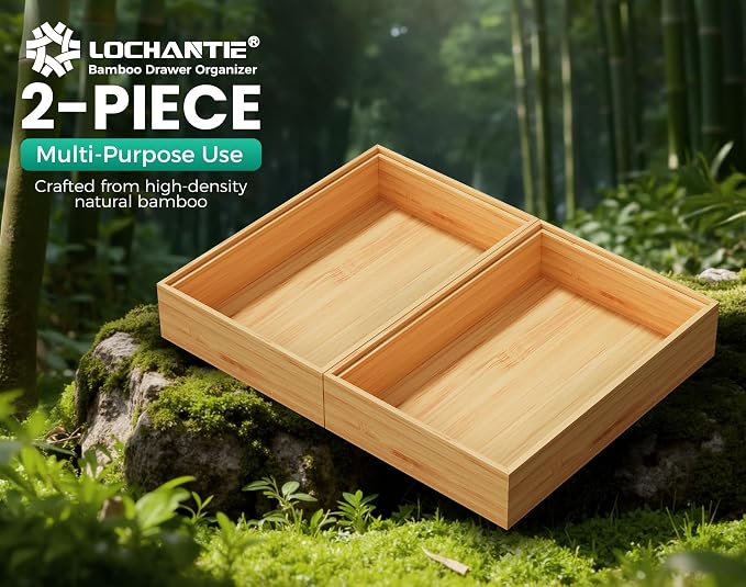 Bamboo Kitchen Drawer Organizer Boxes 9" x 6" Stackable Wooden Organizers | Set of 2 Wood Silverware Utensil Tray for Drawers Bins, Cutlery & Flatware Storage for Junk Drawer, Bathroom, RV