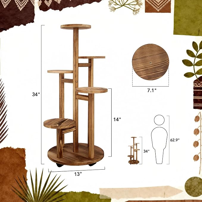 GEEBOBO 5 Tiered Tall Plant Stand for Indoor, Wood Plant Shelf Corner Display Rack, Multi-tier Planter Pot Holder Flower Stand for Living Room Balcony Garden Patio (Brown)