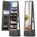 Vlsrka Mirror Jewelry Cabinet Standing with Lights, Lockable, Swivel, Grey | Standing Jewelry Armoire with Full Length Mirror, Large Jewelry Organizer Storage with Foldable Makeup Shelf, 3 LED Lights