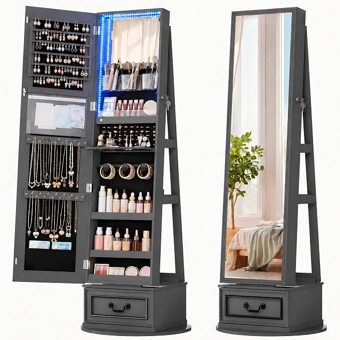 Vlsrka Mirror Jewelry Cabinet Standing with Lights, Lockable, Swivel, Grey | Standing Jewelry Armoire with Full Length Mirror, Large Jewelry Organizer Storage with Foldable Makeup Shelf, 3 LED Lights