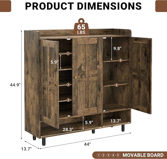 Shoe Cabinet with 3 Doors and Adjustable Shelves, Large Shoe Storage Cabinet for 24–30 Pairs, Modern Farmhouse Shoe Organizer with Open Bottom Shelf for Entryway, Living Room, Rustic Brown