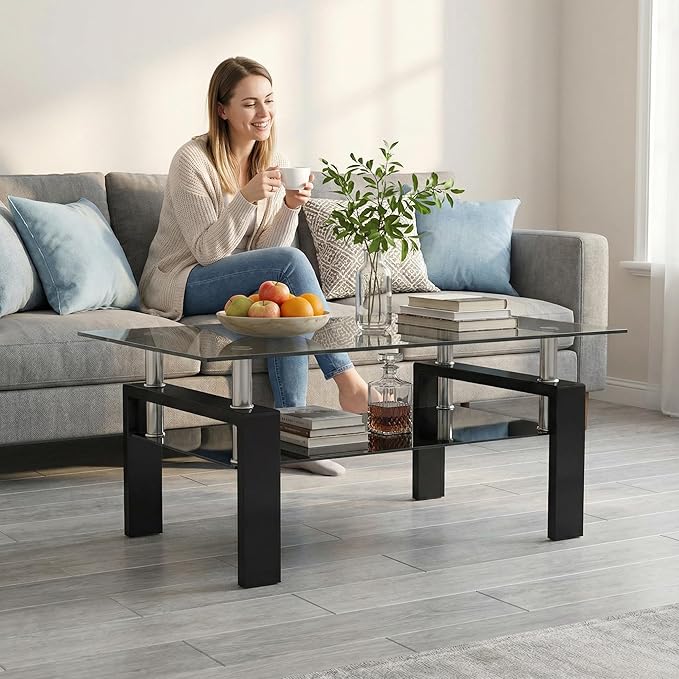 Meihua Rectangle Glass Coffee Table 2-Tier Tea Table Modern Side Coffee Table for Living Room (All Black)