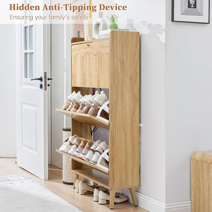 BERRYMERRY Shoe Storage Cabinet for Entryway with 3 Flip Drawers, 51.2” Tall Narrow Shoe Organizer with Wave Panel, Freestanding Wood Hidden Shoe Cabinet for Hallway