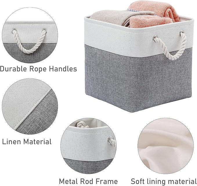 MidmmVick 12 x 12 Inch Cube Storage Bins, 6 Pack Large Collapsible Fabric Storage Bin with Ropes, Foldable Storage Cubes for Home, Office,Closet, Clothes, Toys Organizer (White & Grey)