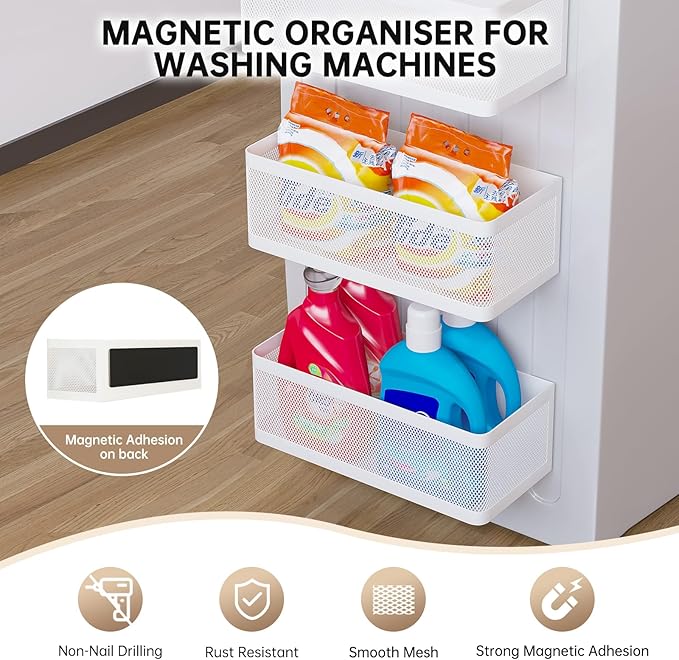 Magnetic Shelf for Washing Machine, White, L11in*W4.9in*H3.9in | Magnetic Organizer for Laundry, Hanging Basket Storage, Magnetic Fridge Shelves, Spice Rack for Refridgerator, 16.5-lb load