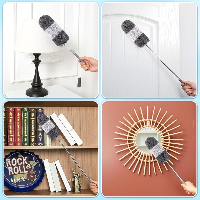 Tanlade 1 Pcs Microfiber Feather Duster for Cleaning, Extendable 13-31 Inch Ceiling Fan Duster with Bendable Head, Washable Tools for Ceiling Fans, Furniture, Car, Cobwebs (Gray White)