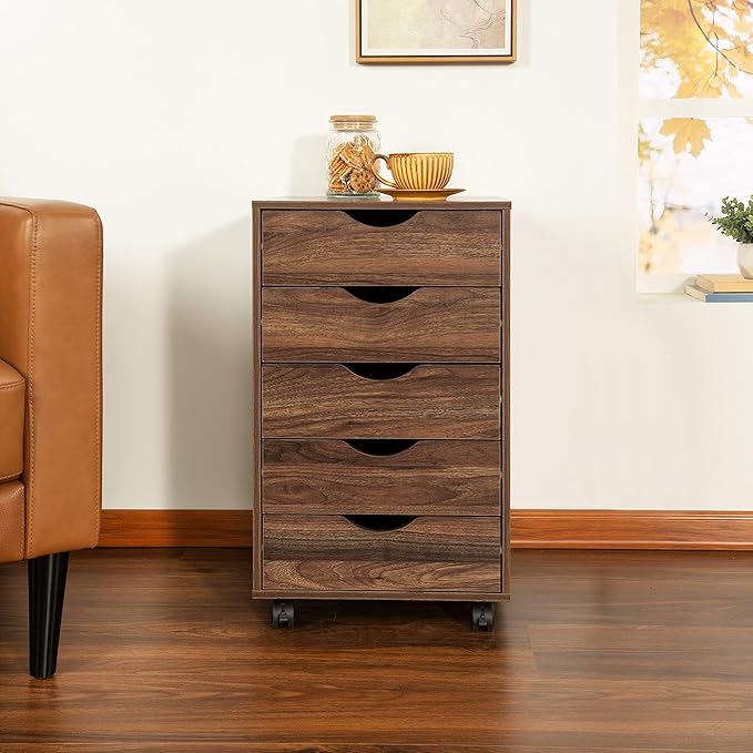 Naomi Home 5-Drawer Rolling Chest, Brown Oak, Smart Storage with Metal Slide Glides & Smooth Wheels, Compact Space-Saver, Easy Assembly, Durable Engineered Wood
