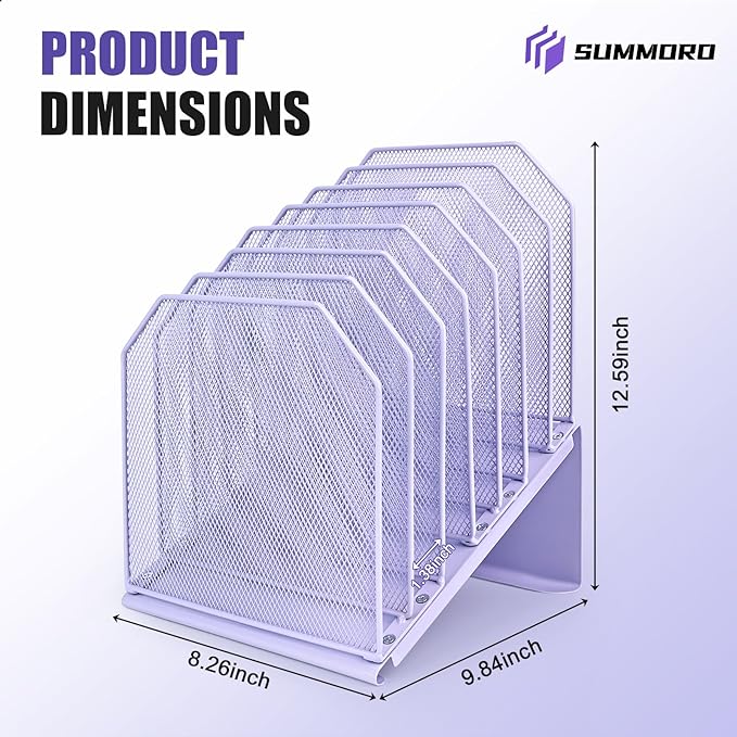 SUMMORO Inclined File Organizer for Desk, 7-Tier Vertical File Folder Holder Office Desk Organizer Metal Rack File Wire Mesh Desktop Document Sorter for Office School Classroom Home (Purple)