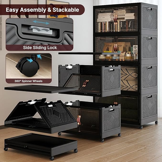 UAMFURI Extra Large Stackable Storage Bins with Lids & Wheels, Foldable Collapsible Closet Organizers Dark Storage Cabinet with Doors for Bedroom Dorm