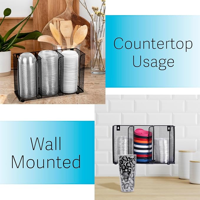 IneVibe 3 Compartment Lid Organizer Holder for Plastic Lids and Cups | Gridded Mesh Metal Rack Stand for Disposable Lids Storage in Kitchen, Cabinet, Drawers - Countertop or Wall Mount