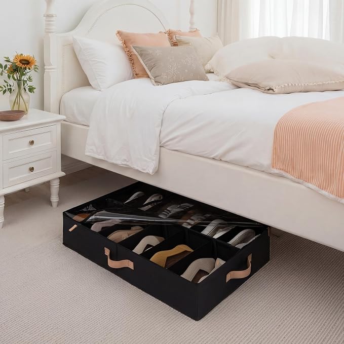StorageWorks 2-Pack 24-Pair Underbed Shoe Organizer for Closet, Black | Adjustable Dividers, Up to 12 Pairs Each, 5.25" Height, Fits 6-inch+ Clearance, Clear Top, Soft Handles, For Bedroom