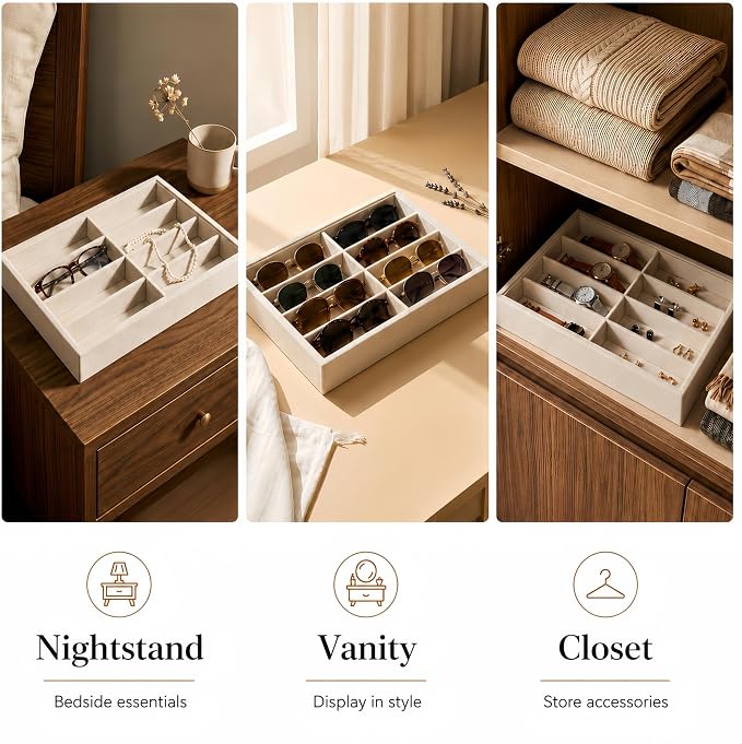 Amzlink® Sunglass Organizer Tray, 8 Slot Velvet Glasses Holder for Eyeglasses, Sunglasses, Jewelry & Watch Display, Men's/Women's Drawer Dresser Vanity Nightstand Storage, Beige