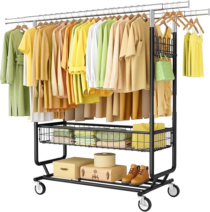 Gewudraw Clothes Rack Heavy Duty Load 1060 LBS With Wheels,Commercial,Black | Double Rod Rolling Clothing Rack,Extendable,Basket, Shelf, Hooks,Garment Rack for Bedroom, Laundry Room & Retail Store