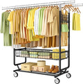 Gewudraw Clothes Rack Heavy Duty Load 1060 LBS With Wheels,Commercial,Black | Double Rod Rolling Clothing Rack,Extendable,Basket, Shelf, Hooks,Garment Rack for Bedroom, Laundry Room & Retail Store