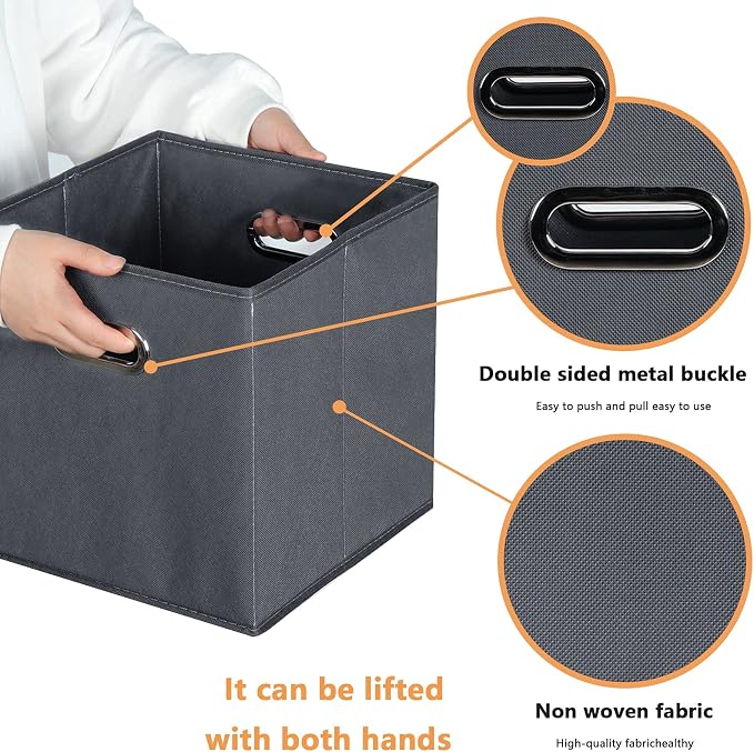 Yunkeeeper storage bins Cubes, Fabric Cube Organizer with Handle, Foldable Cube Bins for Cloth or Accessary Storage, 11x11x11, Set of 6, (Gray)