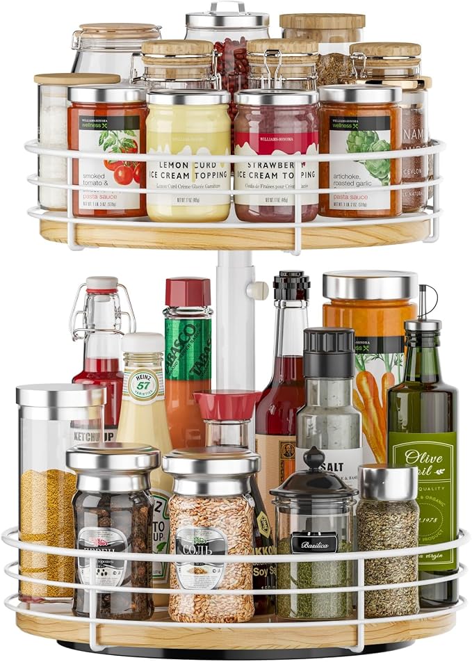 Two Tier Lazy Susan Organizer Turntable, 12 Inch, White | Height Adjustable, Rotating Spice Rack, Wood Construction, For Cabinet Dining Table Kitchen Bathroom Countertop