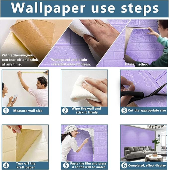 3D Wall Panels, 14.5 sq.feet Coverage, Printable Wallpaper Sticker with Self-Adhesive Waterproof Brick PE Foam Wall Panels Peel and Stick for Interior Wall Decor, Home Decoration 10 PCS Purple
