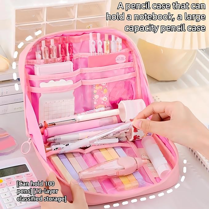 56 PCS Aesthetic School Supplies with Large Pencil Case, 24 Double Brush Marker Pens, 5 Black Ink Gel Pens, 6 Macaron Pencils, 4 Sharpeners, Sticky Notes, Ruler, Erasers, Stationery Gift