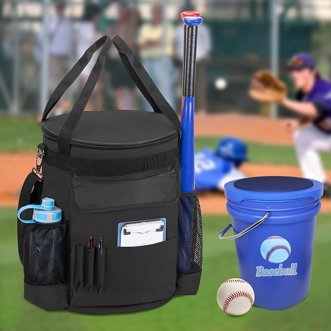 DSLEAF Baseball & Softball Bucket Bag for 6 Gallon Bucket, Bag Only | Softball Bucket Cover with Multi Pockets, Large Zipper for Easy Access, Portable Handle for Easy Carrying