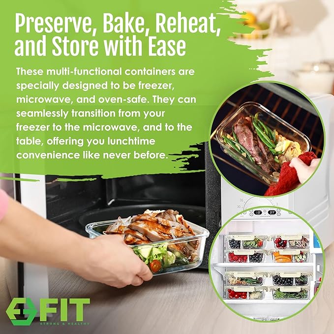 Glass Meal Prep Containers 1 & 2 & 3 Compartments, Airtight, 35 oz, 3 Pack | Bento Box Lunch Containers, Food Storage, Portion Control, Leak-Proof Lids, Microwave Oven Freezer Dishwasher Safe, Beige