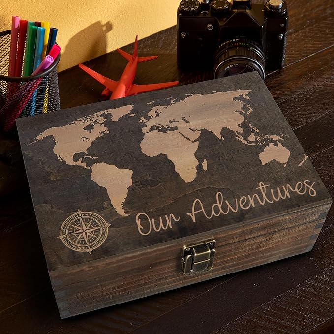Engraved Adventure Memory Box – Wooden Keepsake Box for Travel Memories, Camping, Couples and Valentine’s Day, Rustic Storage, Medium Size, Dark Walnut – 8.5 x 6 x 3 in