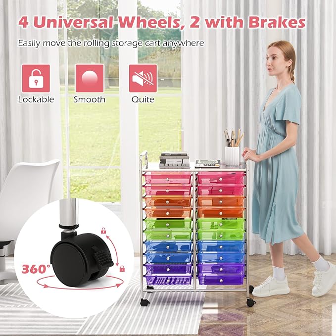 DREAMADE Rolling Cart with Storage Drawers, Utility Cart with Removable Plastic Drawers, Lockable Wheels, Art Cart for Classroom Organization Art Supplies Office Scrapbook (20 Drawers, Rainbow)