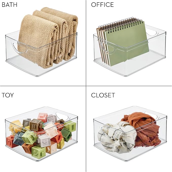 iDesign Plastic Stackable Kitchen Cabinet Storage Bin, Clear | With Handles, Pantry Organizer