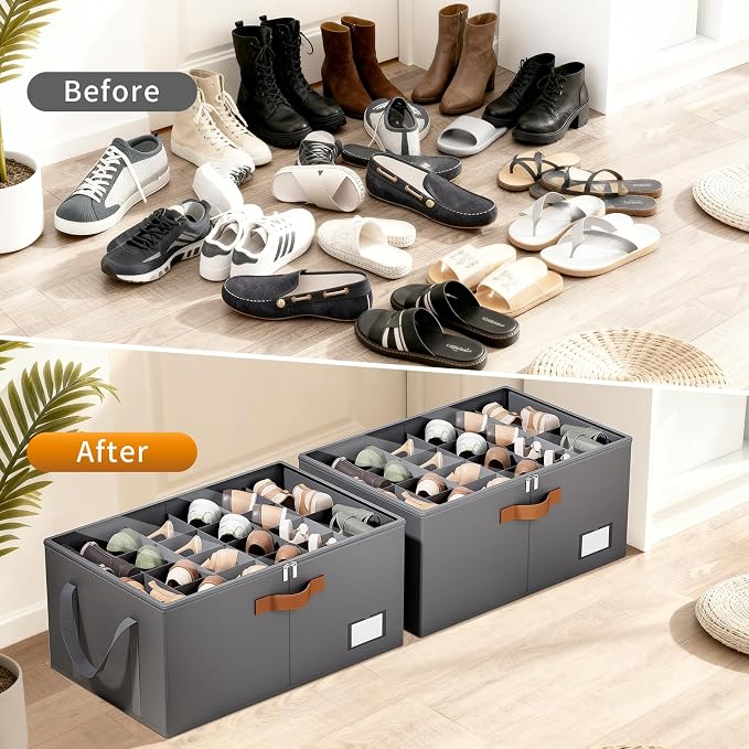 Shoe Organizer for Closet, Fits up to 40 Pairs, Gray, 2 Pack | Space Saving, Clear Cover, Reinforced Handles, Stackable & Foldable Fabric Shoe Storage Organizer Box for Entryway, Bedroom