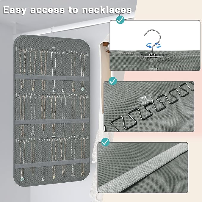 Double-Sided Hanging Jewelry Organizer for Necklaces Earrings, 2-Pack, Grey | Foldable 36 hooks & 40 clear pockets; swivel hook fits walls, doors & rods for earrings, bracelets, rings & small jewelry