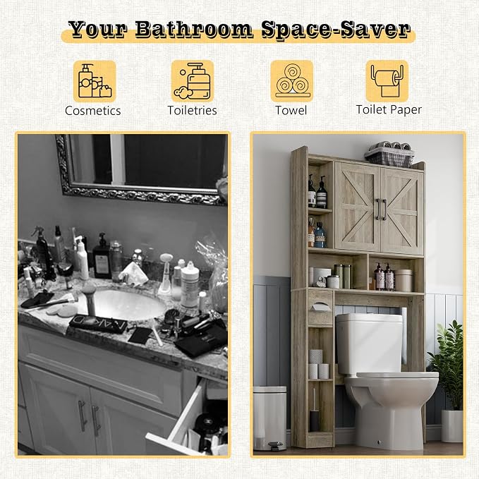 Vabches Over The Toilet Storage Cabinet with 2 Barn Doors, Grey | Farmhouse Storage Cabinet with Toilet Paper Holder Stand，Home Space-Saving Toilet Rack, for Bathroom, Restroom, Laundry