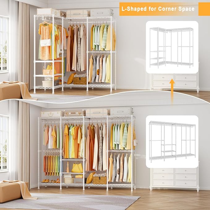 ULIFHOME H41 Garment Rack Heavy Duty Clothes Rack, Clothing Racks for Hanging Clothes, Extra Large Freestanding Portable Closet Wardrobe Rack 78.5'' W × 15.8'' D × 76.4'' H, Max Load 1150 Lbs, White