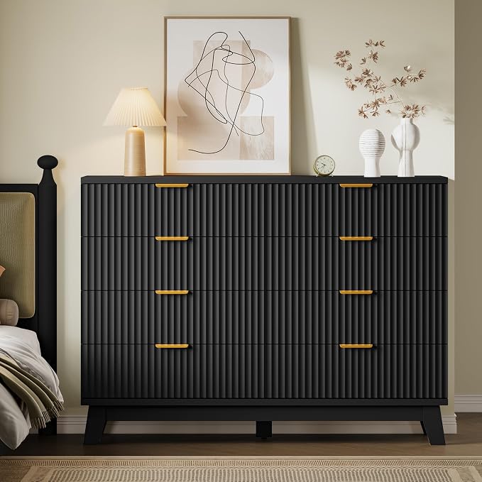 BORNOON Fluted 8 Drawer Tall Dresser, 47.2" Wide Modern Boho Chest of Drawers, Wooden Storage Dresser TV Stand for Bedroom, Living Room, Closet, Hallway, Curved Profile Design