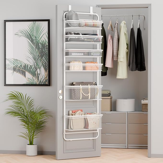 Whitmor Over The Door Organizer Storage, 6 Tier Hanging Door Organizer with Metal Frame & Mesh Baskets, Heavy Duty Behind Door Storage for Pantry, Bathroom, Closet, 17.7"W x 7.9"D x 67"H, White