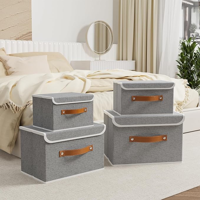 OUTBROS Storage Boxes, Collapsible Storage Bins with Lids, Cotton and linen cloth Storage Baskets with Handle, for Books, Closet, Bedroom, Home, 10.2x7.9x6.7 in, Grey