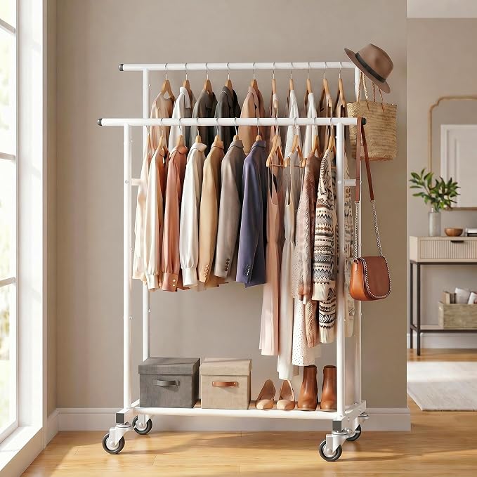 Calmootey Rolling Garment Rack with 2 Rods, Clothes Organizer for Bedroom | High-Low Rods, Two Lockable Wheels, Sturdy Metal Frame, Space-Saving, Fits Laundry, Living Room, White