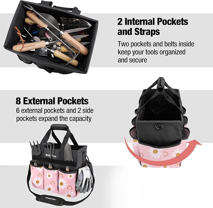 WORKPRO Garden Tool Bag, 10 Pockets and Shoulder Strap, Floral Pink | Heavy Duty Gardening Organizer Tote Bag Standable Garden Home Tool Kits Organizer - Pink Ribbon