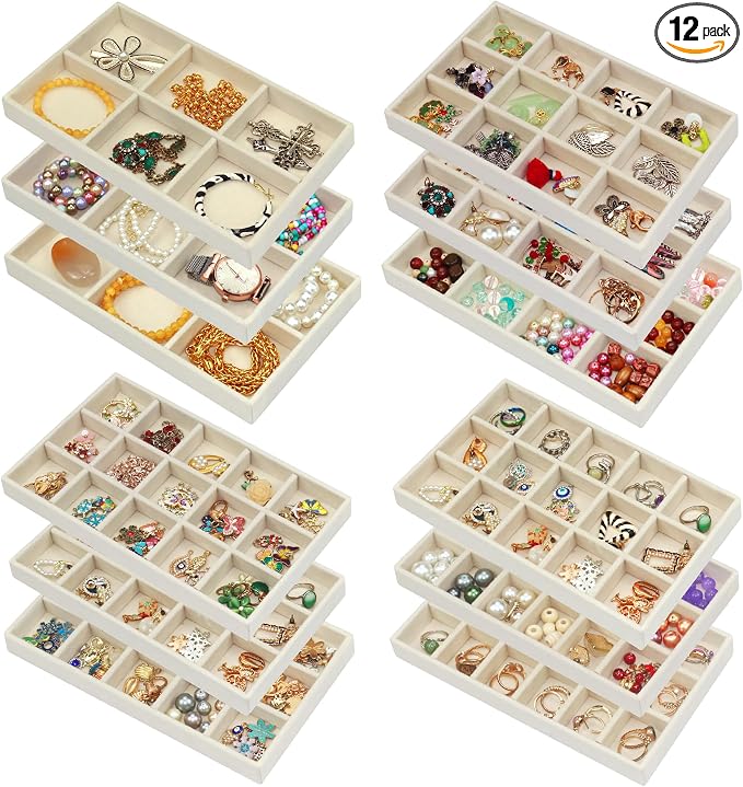 12 Pack Different Jewelry Organizer Trays for Drawer Stackable Adjustable Velvet Jewelry Box Tray Earring Holder Organizer