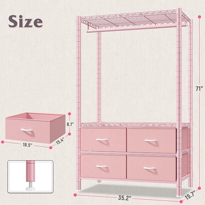 Raybee Clothes Rack with Drawers, 35" W Pink Clothing Rack Load 450LBS for Bedroom Apartment Dorm, Heavy Duty Metal Portable Closet with Adjustable Shelves, Multi-Function, Easy Assembly