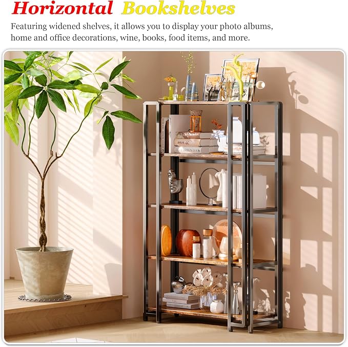 UDD 5 Tier Wide Folding Bookshelf No Tools Assembly, 45" H x 30.9" W, Foldable Book Shelf Vintage Collapsible Bookcase, Industrial Storage Shelves for Bedroom Office Living Room, Rustic Brown Black