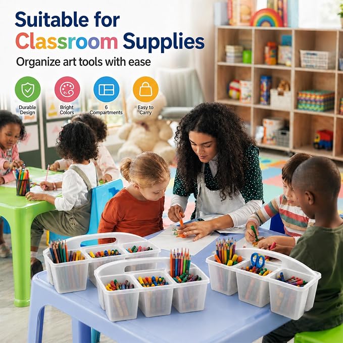 6 Pack Assorted Colors 6 Compartment Classroom Caddy with Handle Portable Plastic Storage Classroom Caddies Organizer for Classrooms Supply Teacher Office Table Desk(Clear)