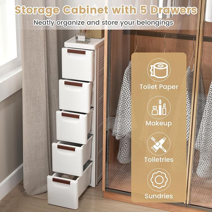 LOKO 5-Drawer Narrow Storage Cabinet, Slim Rolling Cart (7.5"x16.5"x36") | Mobile Plastic Cart Container | Pull Handles & Built-in Wheels | For Living Room, Kitchen, Bathroom, Office