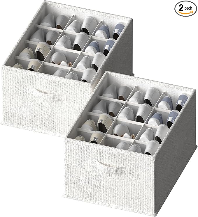 FHSQX 2 Pack Shoe Organizer for Closet,Foldable Shoe Organizer,Fits up to 24 Pairs,Storage Containers With Bottom Support for Shoes (Whtie, 16.5 * 12.6 * 9.5in)