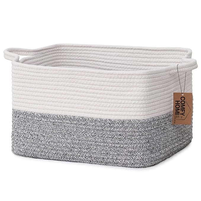 COMFY-HOMI Cotton Rope Woven Basket with Handles for Shelves,Toys,Book, Cloth Storage Baskets Bin for Organizing- 1 PCSToy Decorative Organizer for Living Room, Bathroom