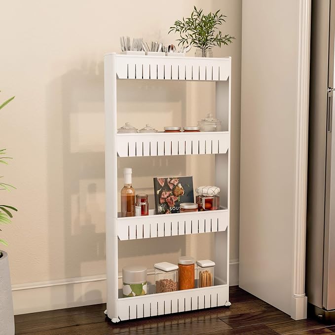 4-Tier Storage Organizer Rack - Plastic Rolling Cart for Office, Dorm, Bedroom, Bathroom, and Laundry Room Organizing by Lavish Home (White)