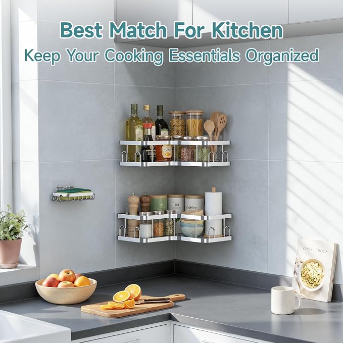 Veken Corner Adhesive Shower Caddy 3-Pack with Soap Holder&Hooks,No Drilling Shower Shelves,Rustproof & Waterproof Bathroom Organizers and Storage,Rack for Small Spaces, Kitchen&Rental-Friendly,Silver