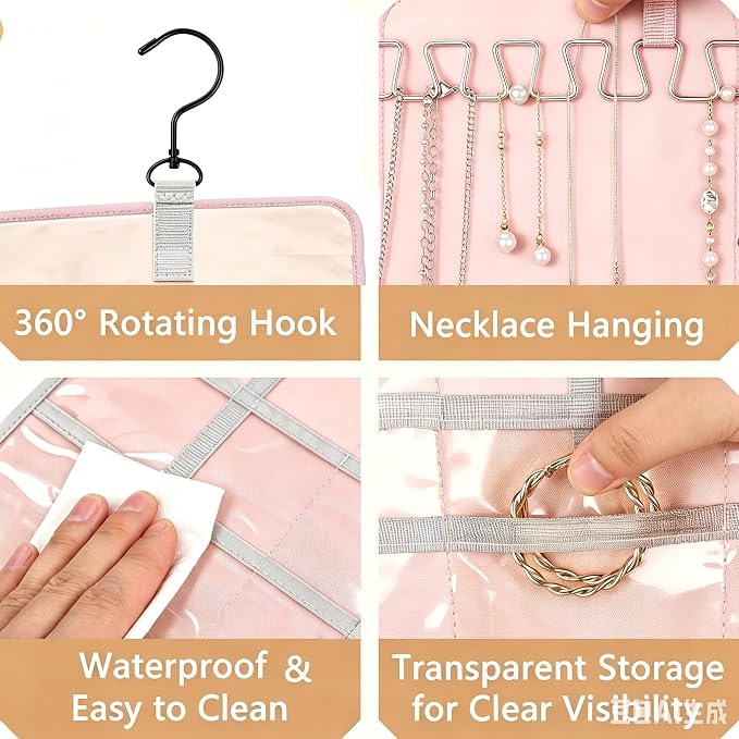 Hanging Jewelry Organizer, Double-Sided Jewelry Organizers and Storage with 48 Pockets and 21 Hooks for Necklaces Earrings Rings, Jewelry Travel Roll Over the Door for Closet Wall (1, Pink)