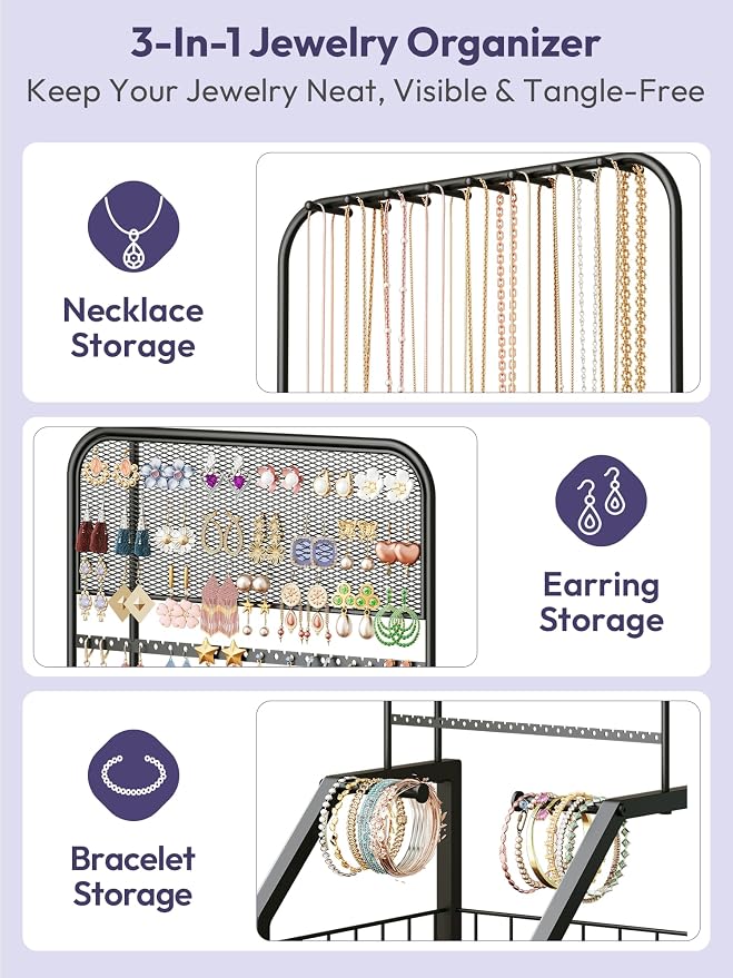 SWTYMIKI Jewelry Organizer with Drawers- Metal Jewelry Holder Stand Large Necklace Holder and Earring Organizer Display, Rolling Jewelry Storage Makeup Organizer for Bedroom Vanity Closet Espresso